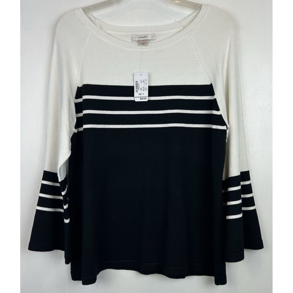 CJ Banks Sweater Womans X Round Neck Long Sleeve Black White Flare Sleeve New